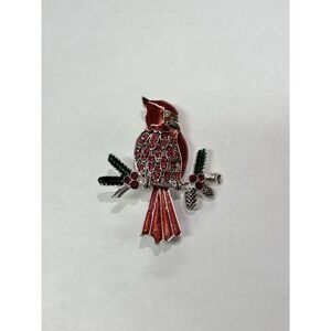 2" Cardinal‎ Shaped Bird Brooch With Rhinestones And Enamel KC Stamp